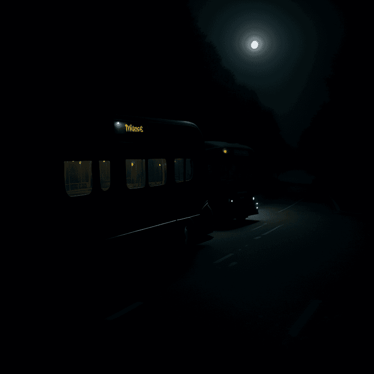 AI generated: mid shot view of a dark bus in the middle of the night, , moonlight, eerie setting