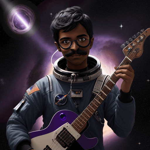 AI generated: Create a unique avatar astronaut playing guitar amidst the backdrop of a black hole in space, that a...