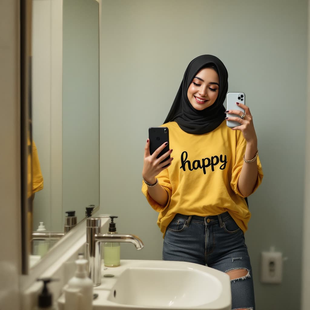 AI generated: A young muslim women with long black hair and wearing hijab is taking a selfie in her bathroom. She ...