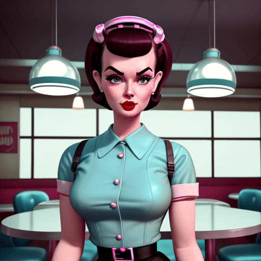 AI generated: A 1950's diner waitress mixed with alien hybrid, super cute, 1950's esthetic, alien fused with femal...