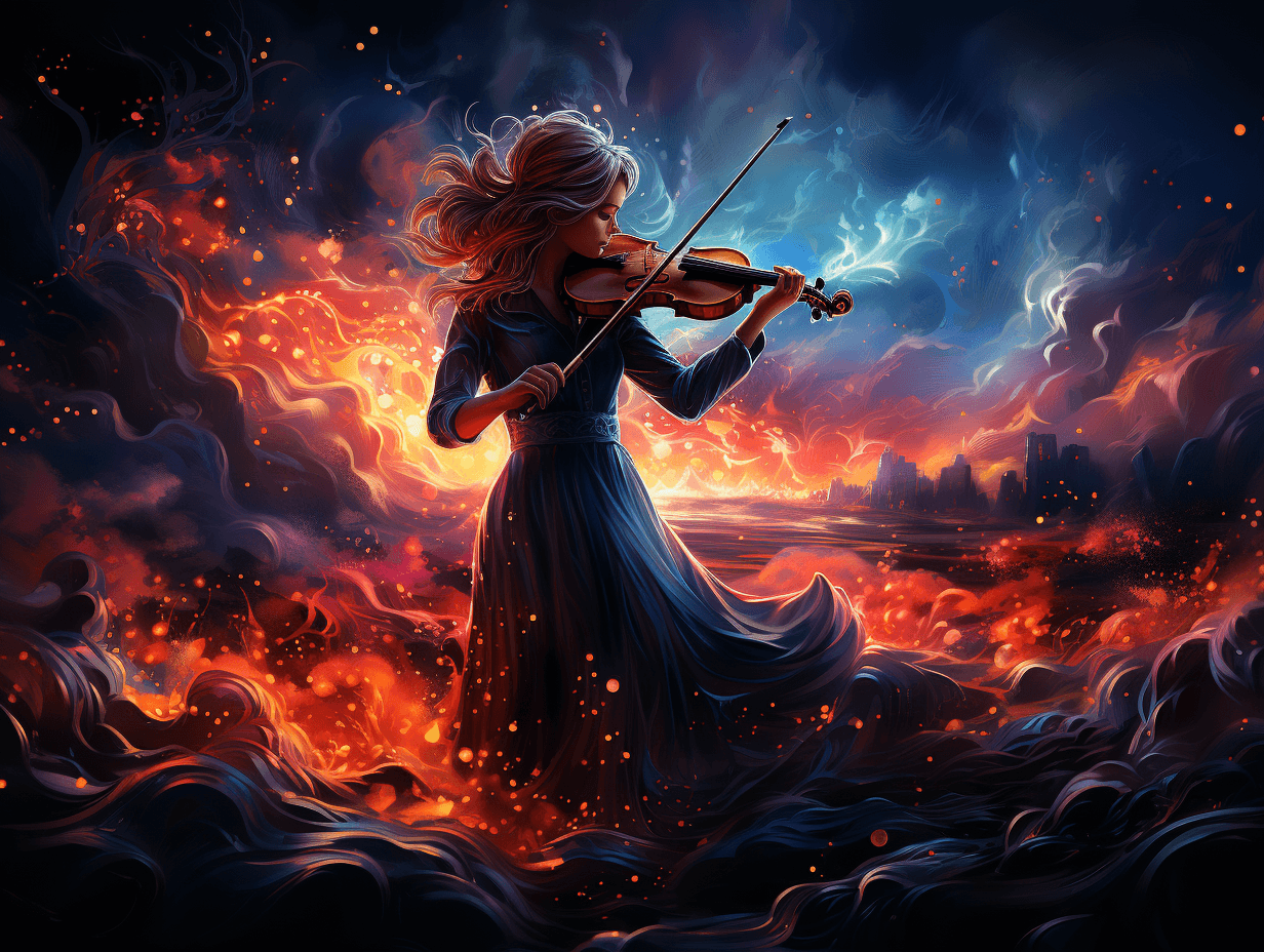 AI generated: violinist and fire, in the style of fantasy landscapes, illustration, dark cyan and blue --ar 4:3