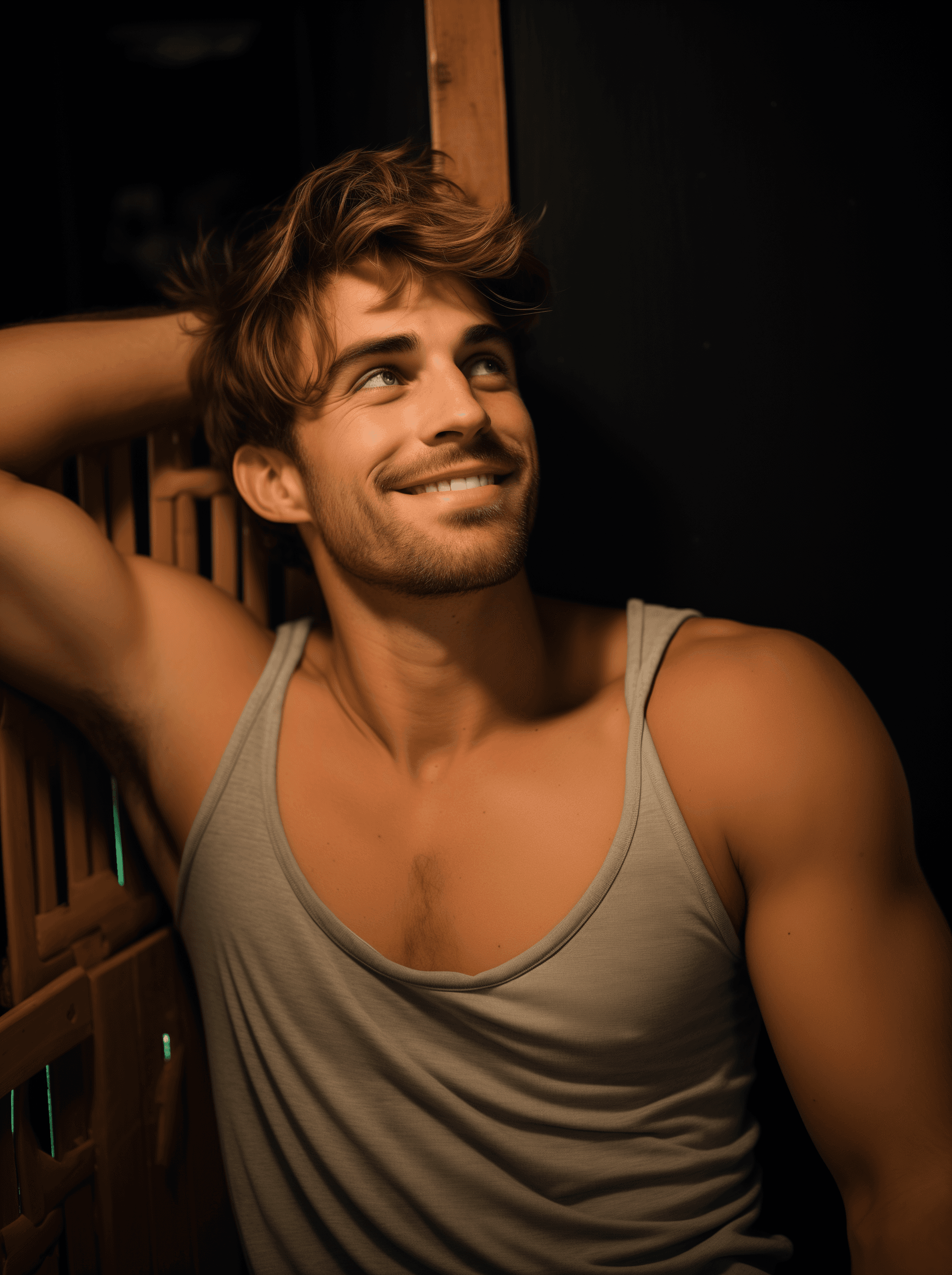 AI generated: A photo of an attractive white man with short hair and stubble sitting in his chair at the party. He...