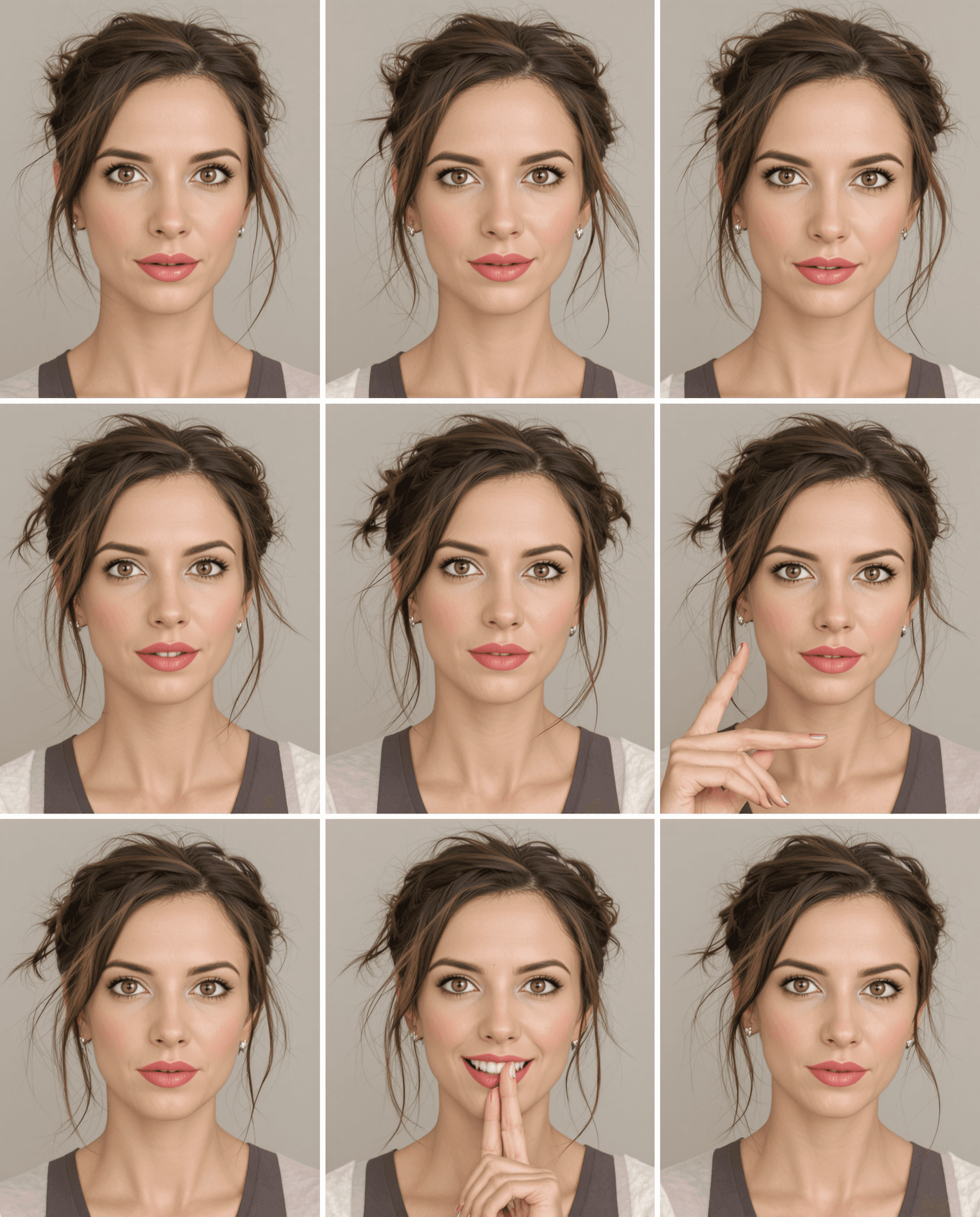 AI generated: A 3x3 grid of a British Caucasian woman in multiple natural and elegant poses. She has a realistic s...