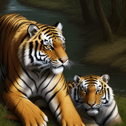 AI generated: old Tiger in forest behind the river and the tiger with some grass and two gold bangles