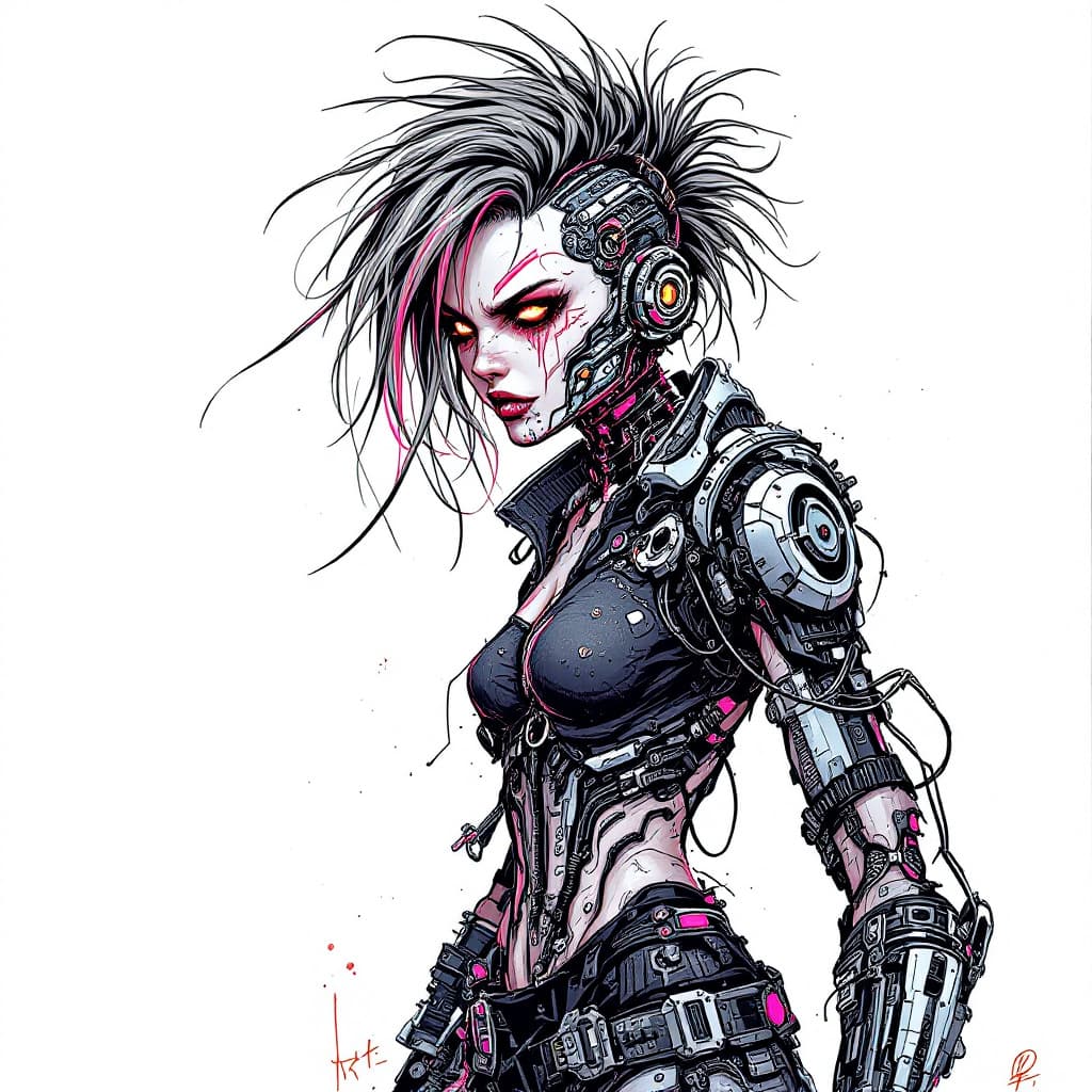 AI generated: Create an intricate sketch of a cyborg character, heavily influenced by punk rock aesthetics. The cy...
