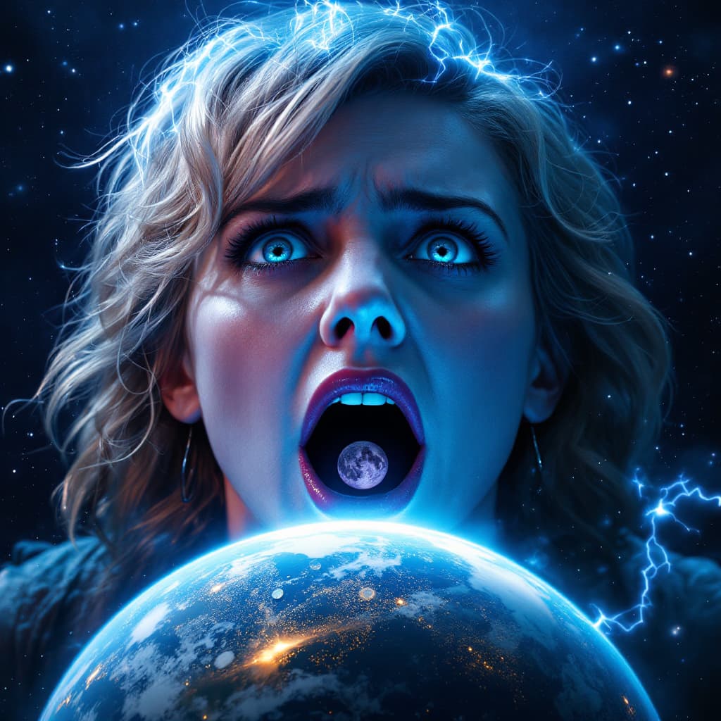 AI generated: enormous giantess actress Jodie Whittaker as the 13th Doctor from Doctor Who,
bigger than a galaxy f...