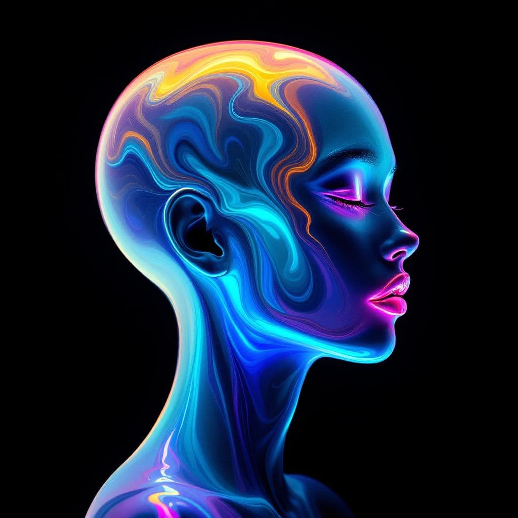 AI generated: a dreamlike, high-contrast, vibrant, flat-side-profile view of a glowing, bald, genderless, humanoid...
