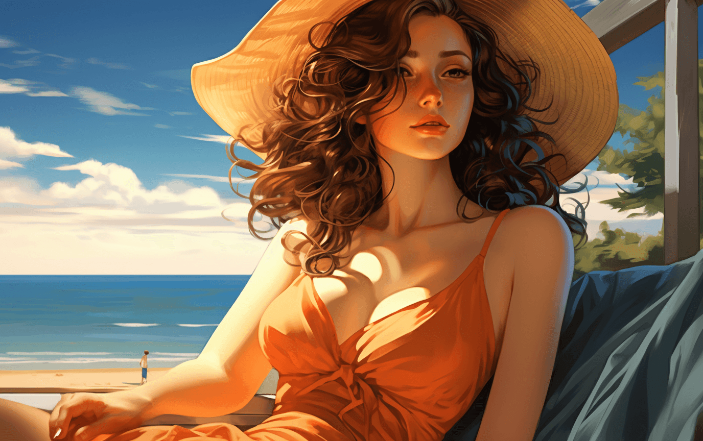 AI generated: Cute girl in a relaxing on a beach, in the style of anime art, realistic color schemes, 32k uhd, com...