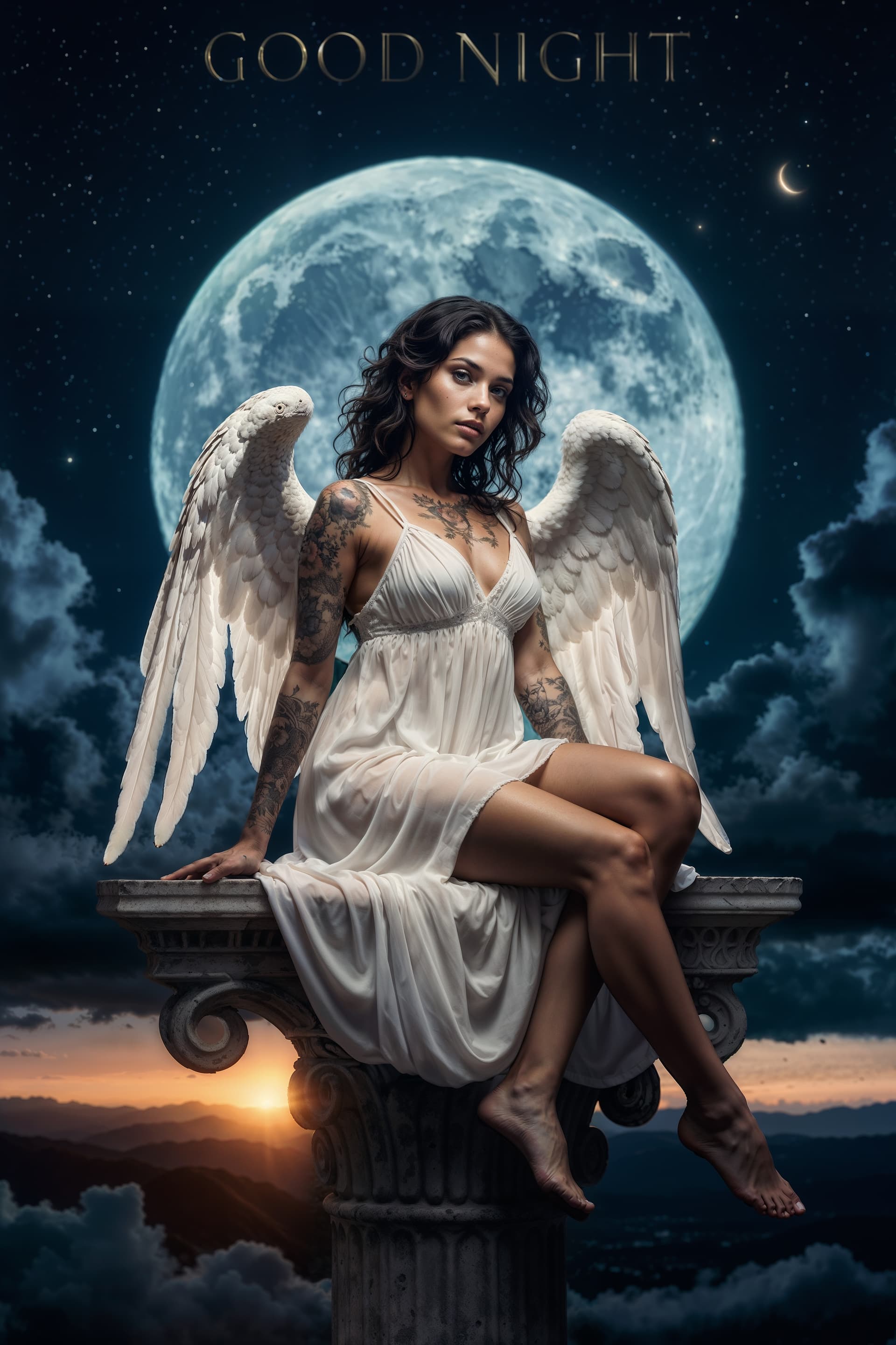 AI generated: A serene night scene with a woman beautiful angel, attractive, all tattooed, athletic, sitting atop ...