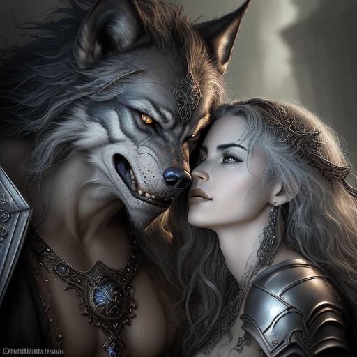 AI generated: A stunningly intricate close up portrait of a couple with a grey werewolf, (((luis royo and julie be...