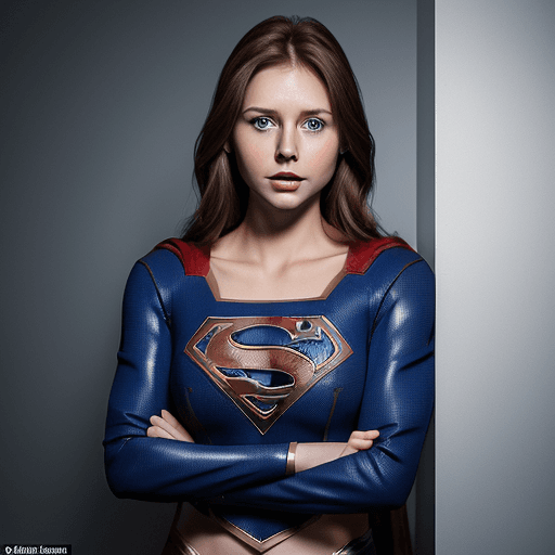 AI generated: Supergirl inspiration, she has brown hair blue eyes and a suit white and gold and moulds her body sh...