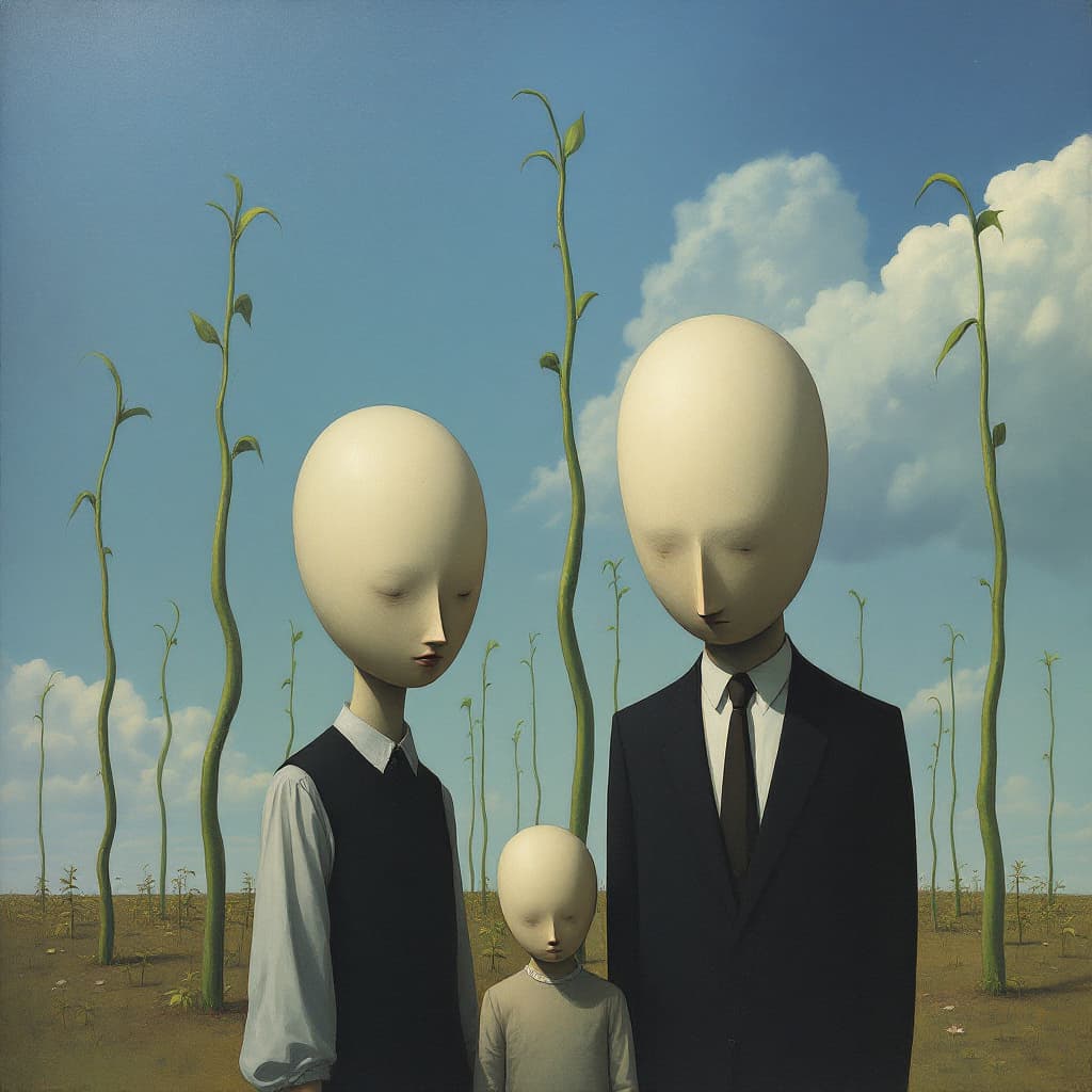 AI generated: in an unsigned and recently discovered painting by Yves Tanguy, a trio consisting of mother, father ...