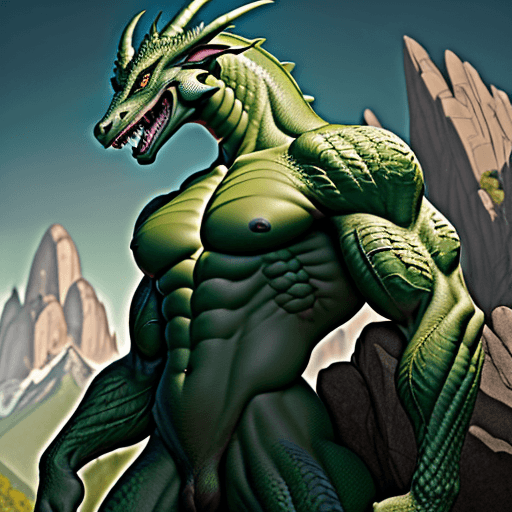 AI generated: looking at the torso of a skinny, athletic green male anthro dragon, gargantuan, towering over the m...