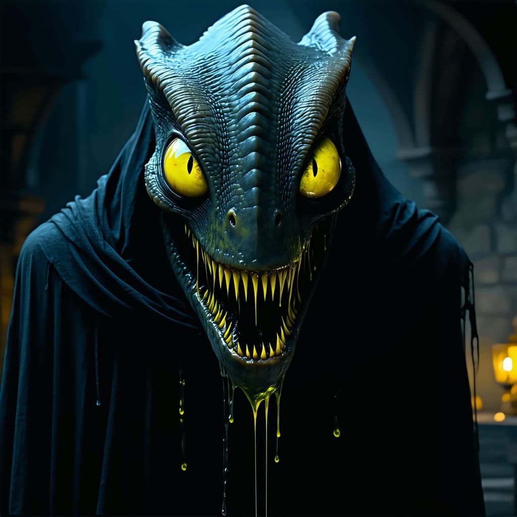 AI generated: Scary creature, flat snout, yellow eyes, horror, dark and haunting, hyperrealism, ultra-detailed, 8k...