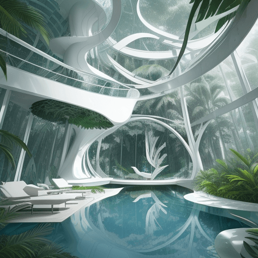 AI generated: Luxurious Futuristic  perched muchroom Treehouse Project  in massive tree tropical jungle rain fores...