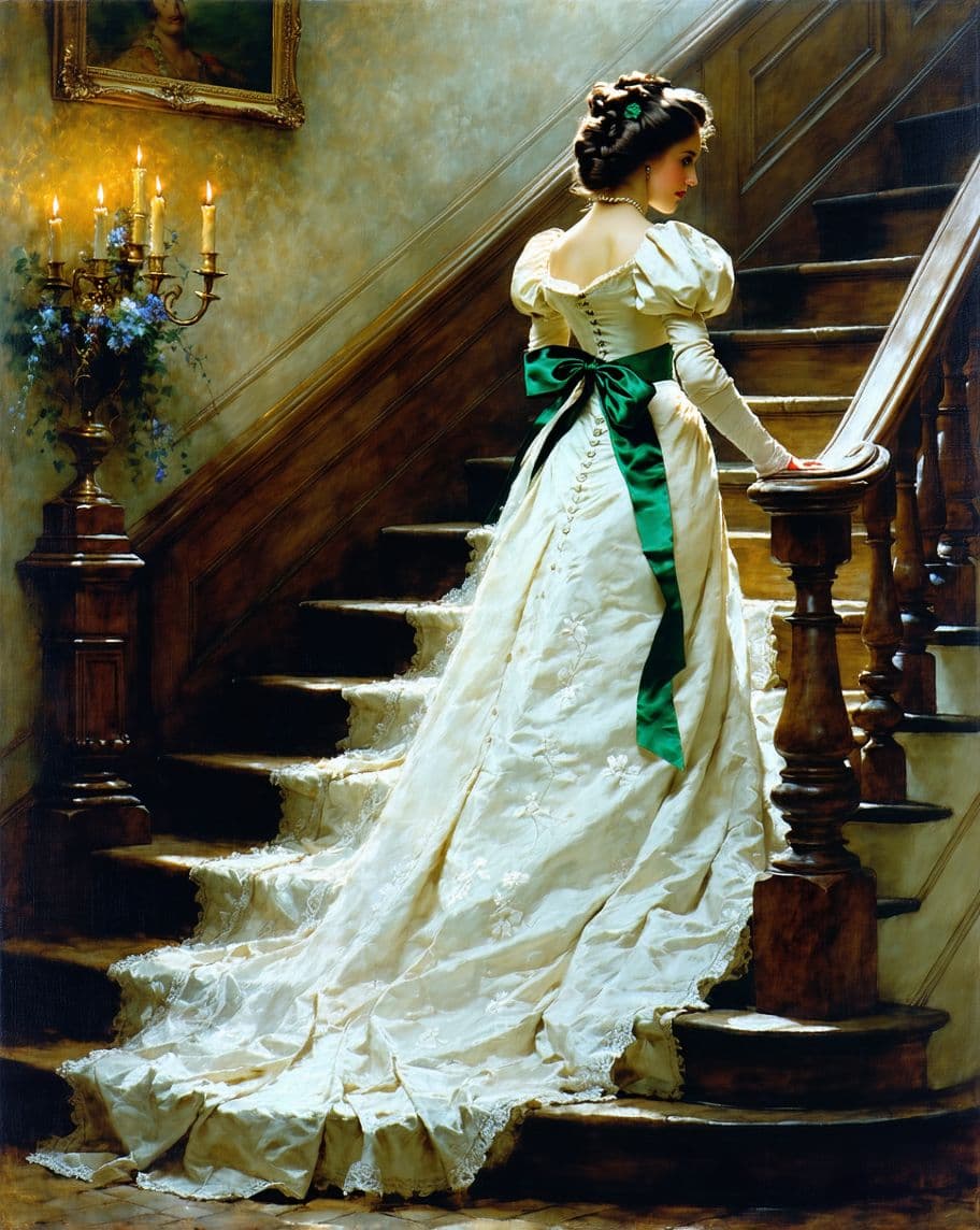 AI generated: Prompt stylized painting in the style of John Singer Sargent, depicting Scarlett O'Hara descending a...
