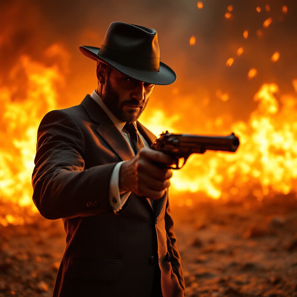 AI generated: dressed in a suit and hat and behind a fiery scene and gun
