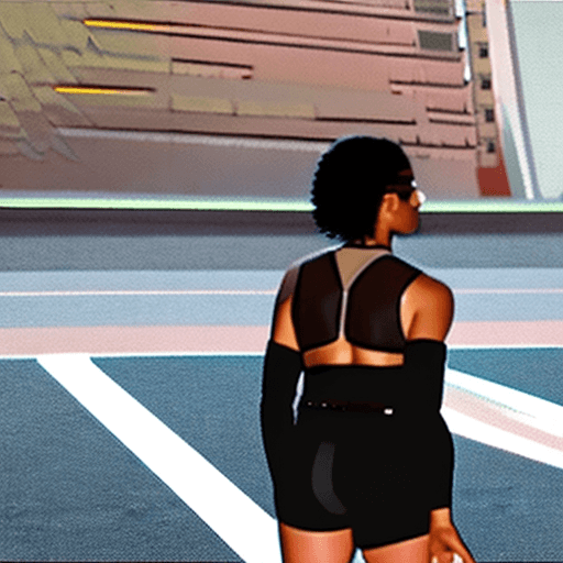 AI generated: Panam Palmer from cyberpunk standing back to camera with black nike shorts and crop top 