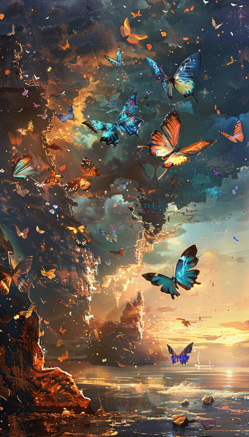 AI generated: some colored butterflies are flying in the air next to an ocean and an artificial landscape, in the ...