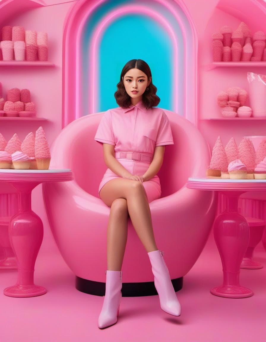 AI generated: blond woman sitting on a pink chair in a pink ice cream parlor, sydney sweeney, official artwork, po...