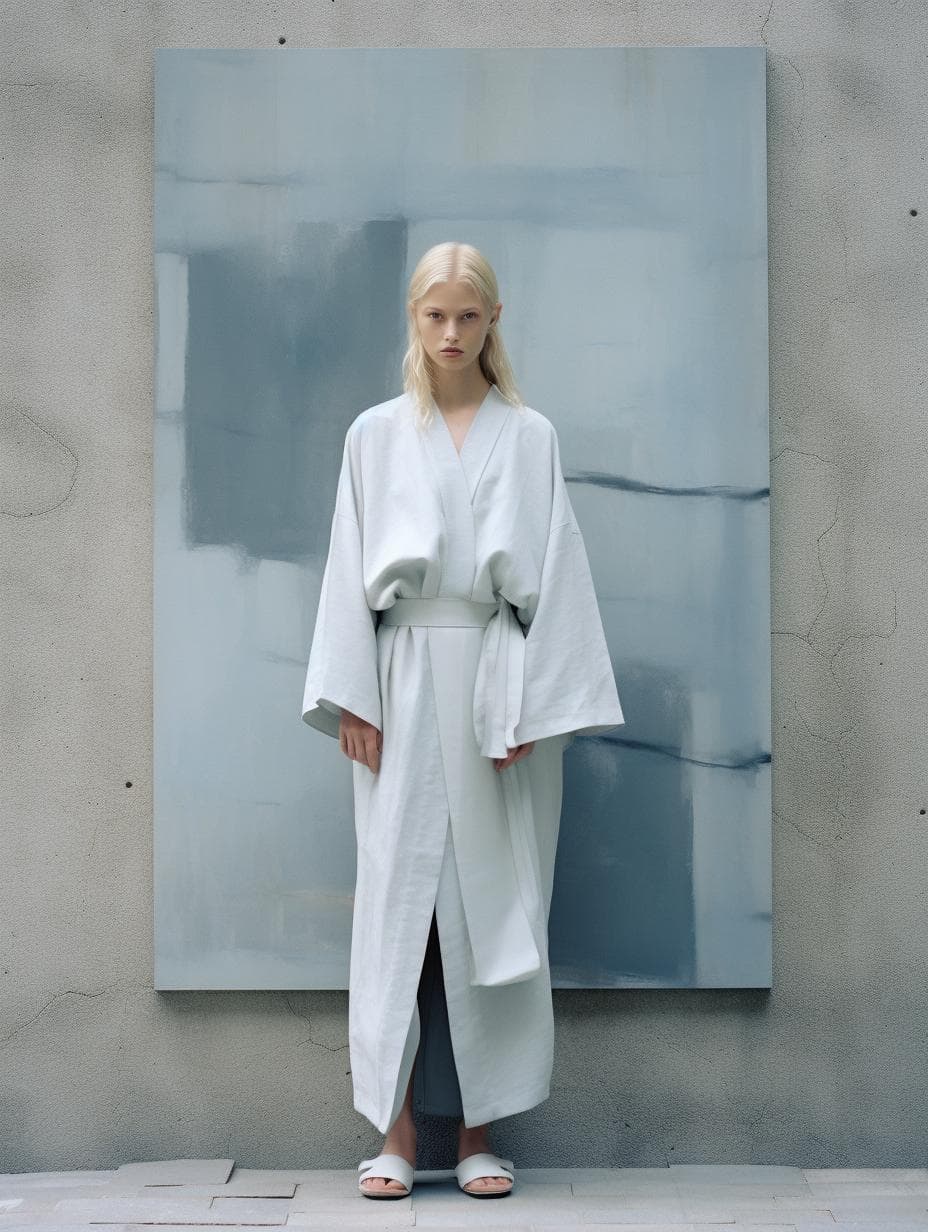 AI generated: a woman in a kimono standing in front of a stone wall, design milk, inspired by Jang Seung-eop, pale...