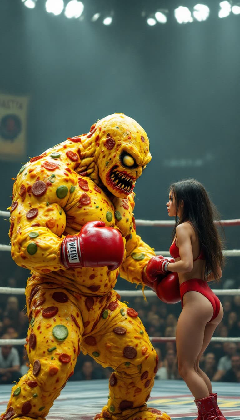 AI generated: RAW, photo of two photorealistic boxers fighting in a boxing arena. The first boxer is a human-like ...