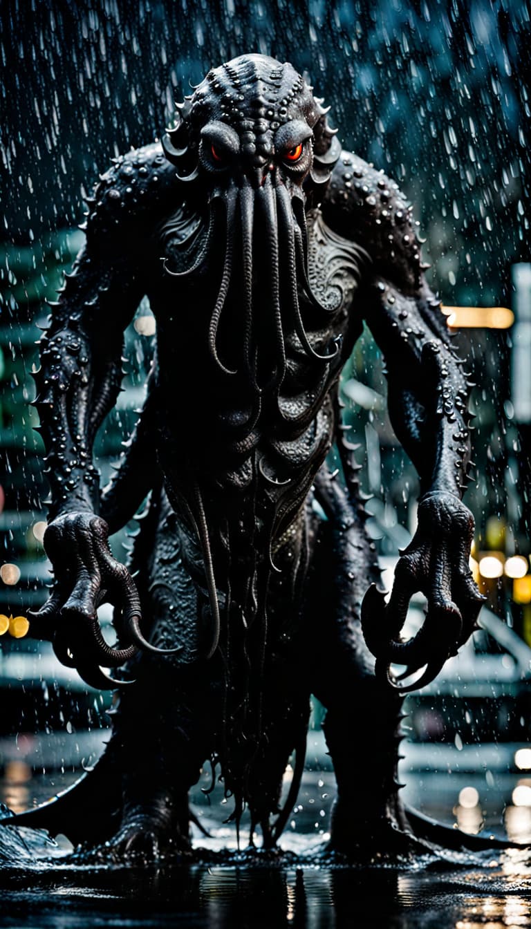 AI generated: 50mm portrait photograph, Cthulhu ((huge [scrawny], aesthetic antropomorphic body:1.9, it is pouring...