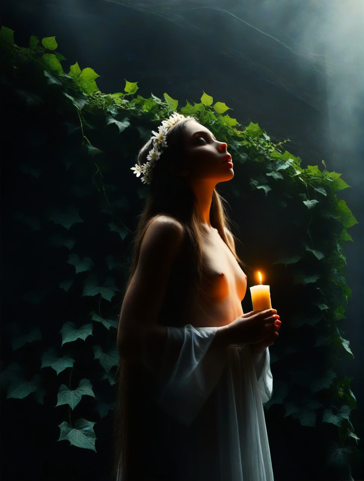 AI generated: From below view. Low warm backlight, misty scene of a woman with long hair with flowers crown, she s...