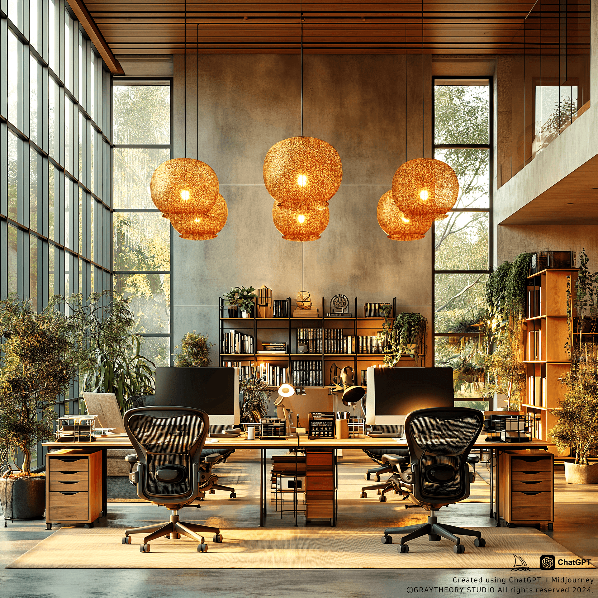 AI generated: Spacious office with frontal view, Herman Miller Aeron chairs, Artemide Tolomeo desk lamps, captured...