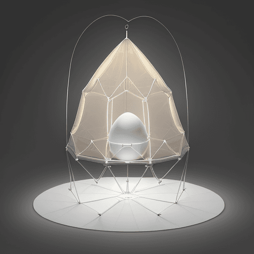 AI generated: "Behold a marvel of design—an egg-shaped tent structure that emanates a soft glow. Crafted from alum...