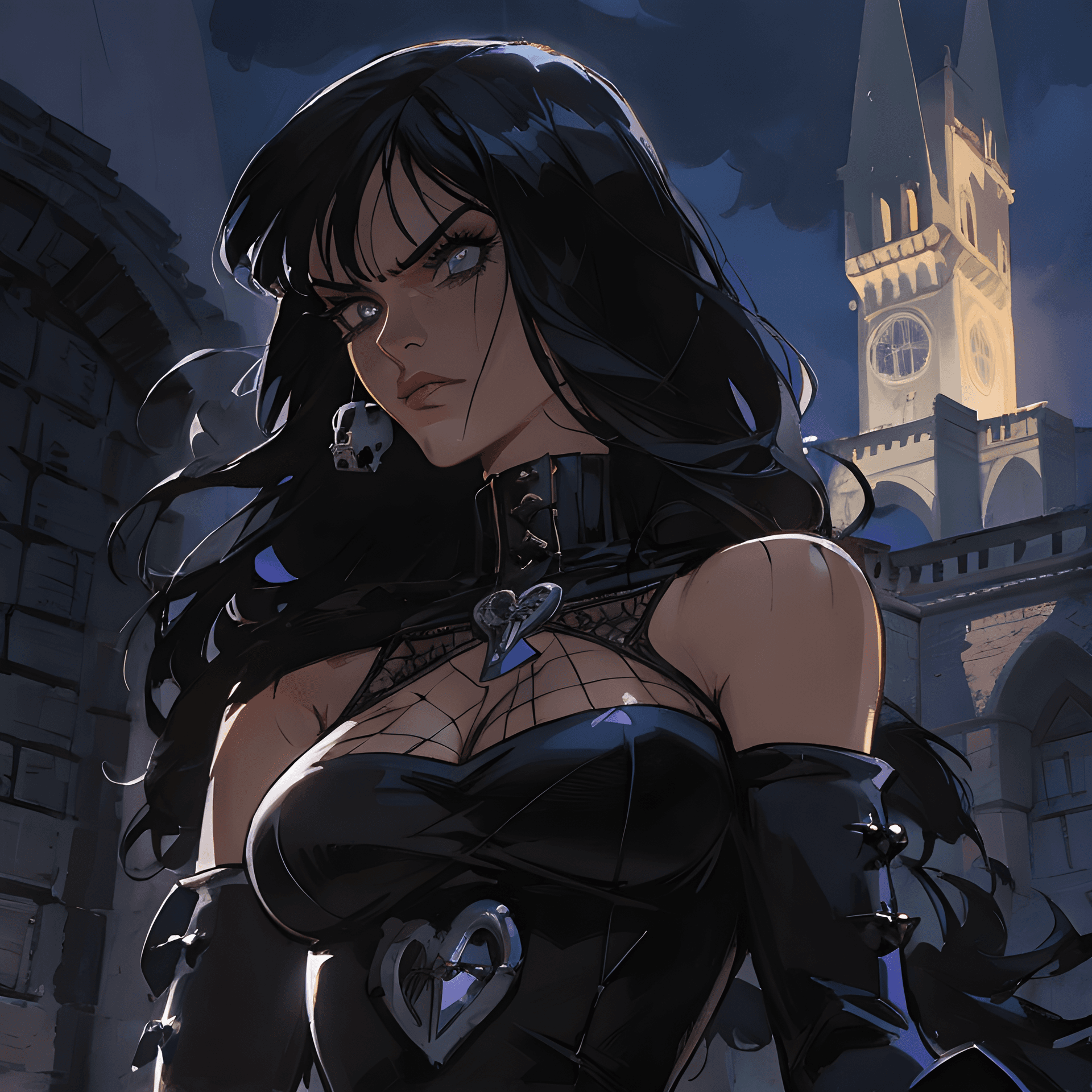 AI generated: a woman standing in front of a castle at night, concept art, by José Comas Quesada, gothic art, nico...