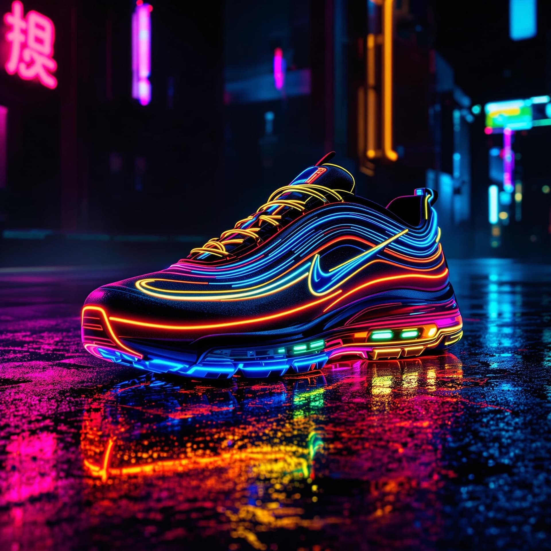 AI generated: neon art, side view, Airmax 97, vibrant color lights, dark atmosphere, 16K, hyper realistic, rich de...
