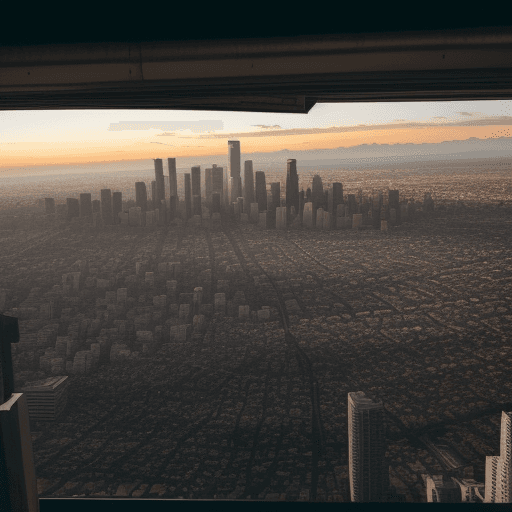 AI generated: La ciudad de los ángeles en vista aérea con un amanecer de fondo en el hotrizonte, ambiance is quiet...