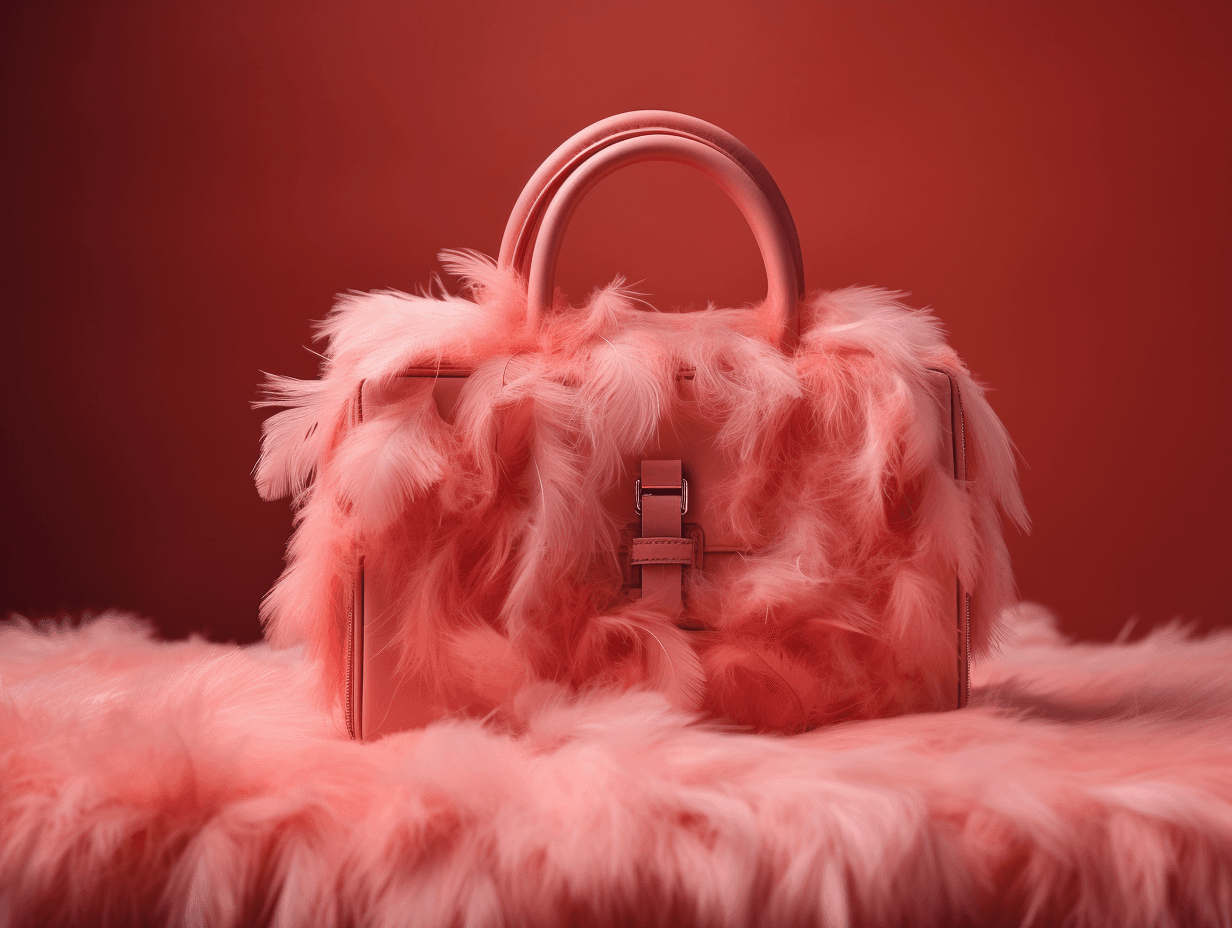 AI generated: disposable photography of a handbag made of feathers, pink color, 8k, photo realism, --ar 4:3