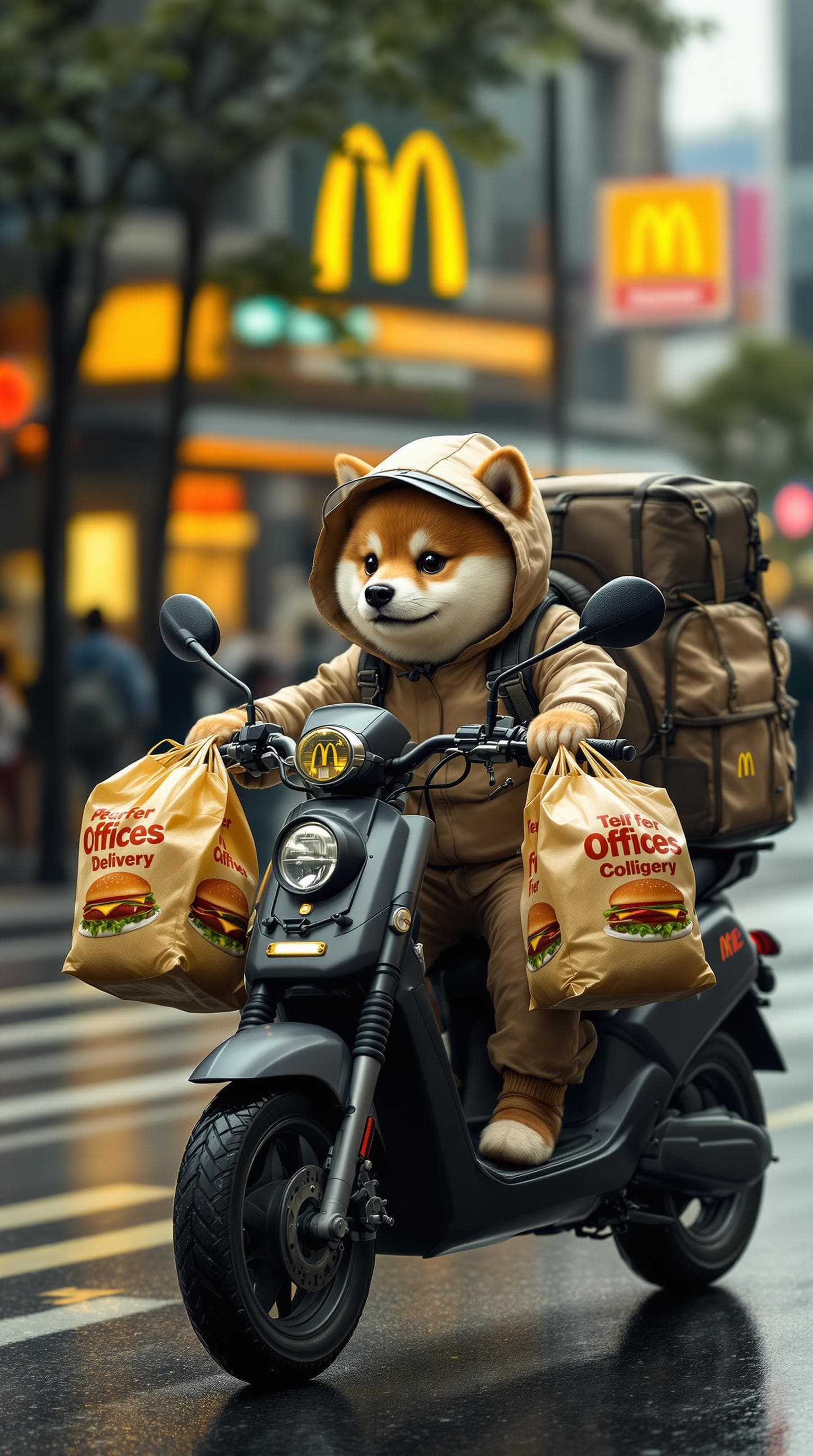AI generated: Photography, realistic, a cute Shiba inu Puppy wearing a McDonald's delivery uniformis riding an ele...