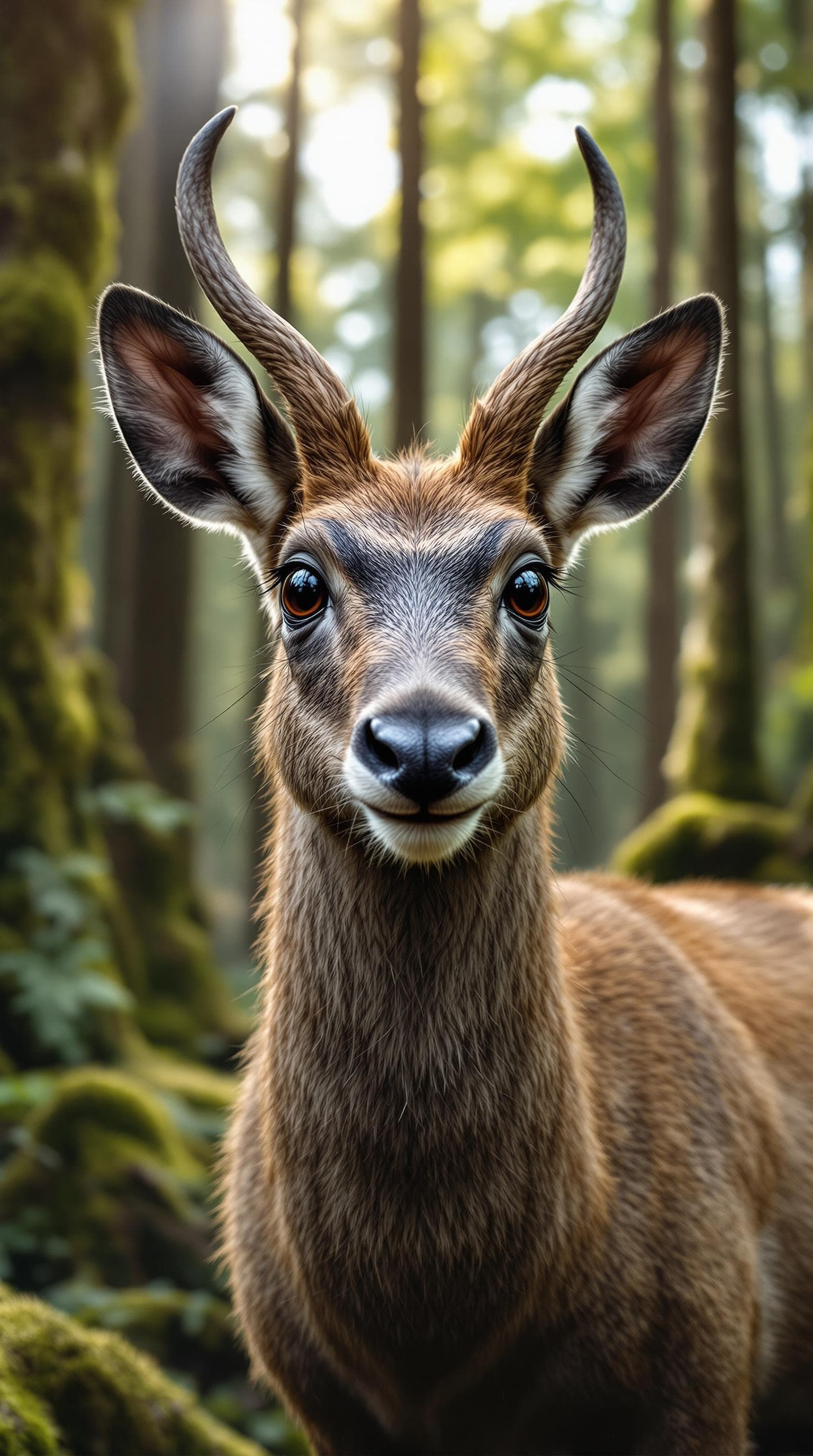 AI generated: "A close-up view of a musk deer (kabaraga) standing in a natural forest setting, looking directly in...