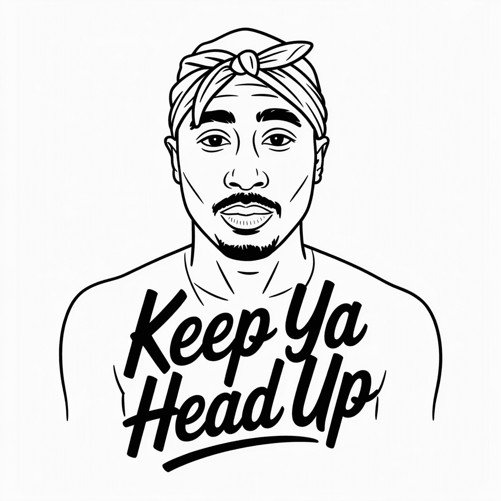 AI generated: 	Keep Ya Head Up	Line-art portrait of Tupac Shakur (bandana, goatee); hand-lettered “Keep ya head up...