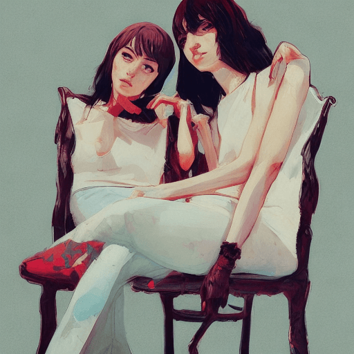 AI generated: a ultradetailed beautiful panting of stylish twins sitting on  chairs, by conrad roset, greg rutkows...