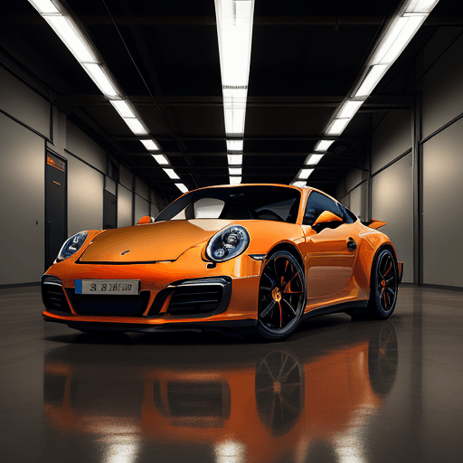 AI generated: Masterpiece,  dark orange, Porsche  911, latest model, in an industrial hall, highly detailed
