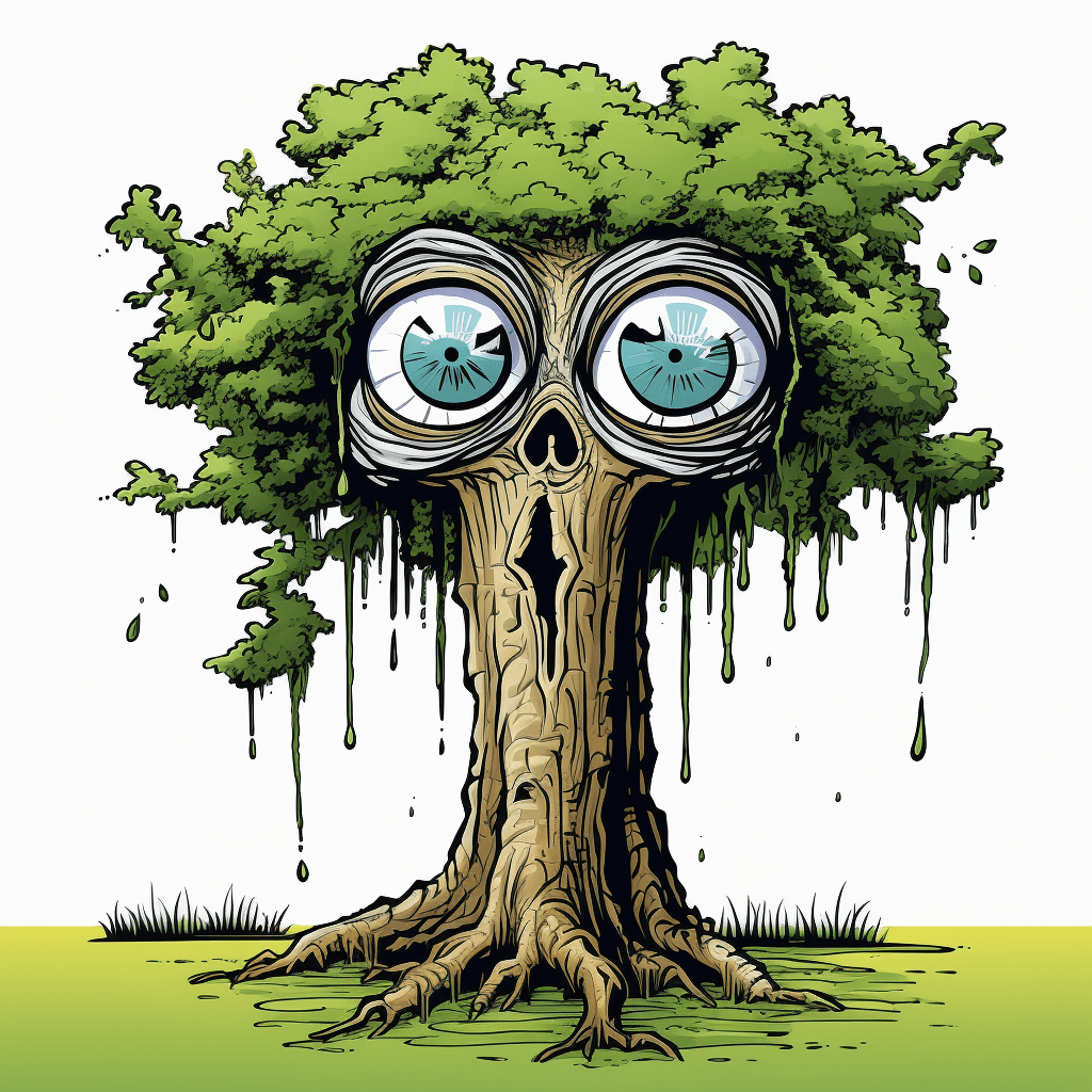 AI generated: comical illustration of a tree with its eyes covered, in the style of gestural markings, art of the ...