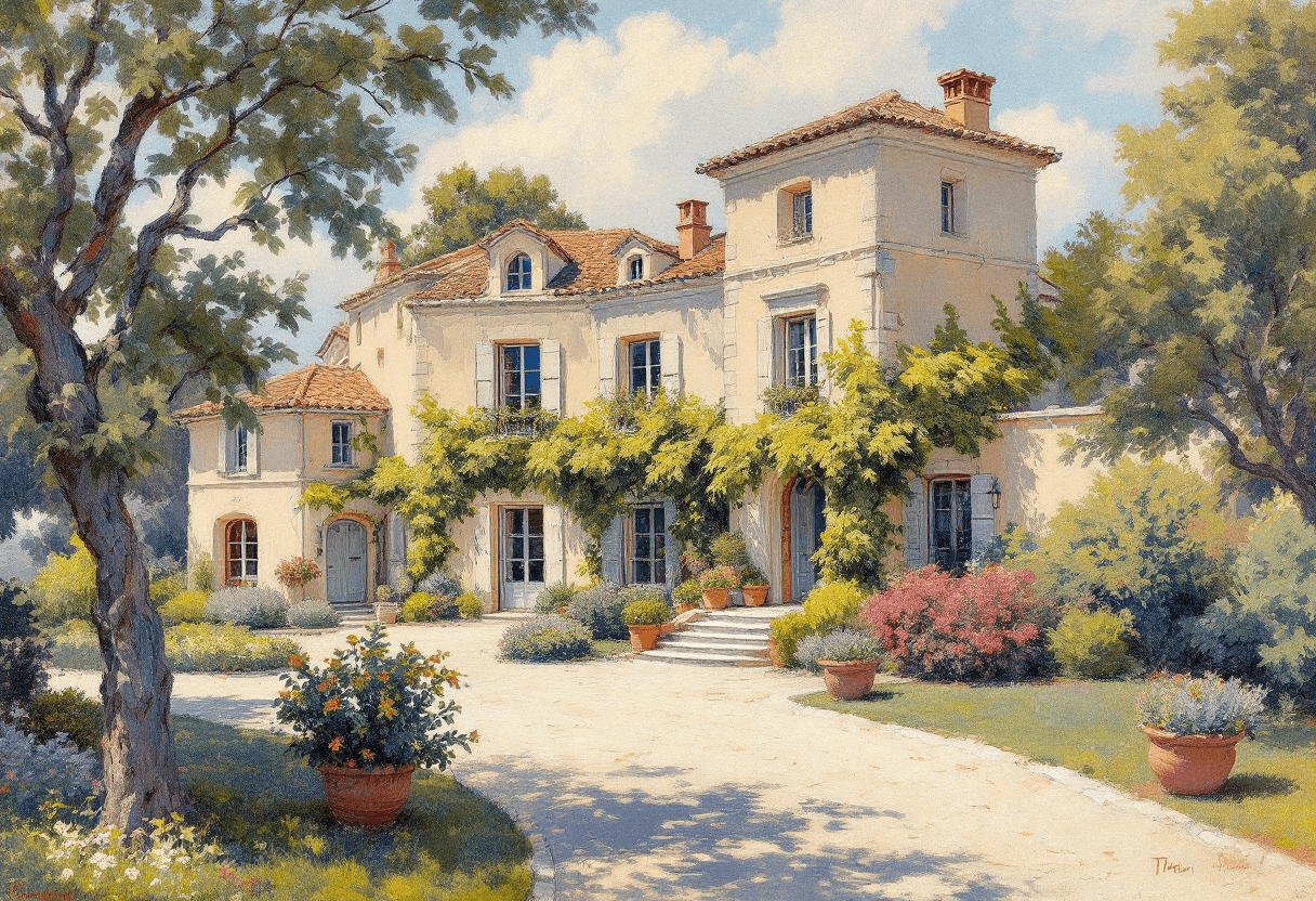 AI generated: Impressionist painting of a French Manor House in Provence, oil on canvas, in the style of Paul Ceza...