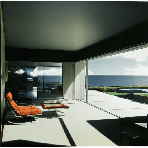 AI generated: Hyper realistic eye level exterior photo of a mid century modern style house overlooking the ocean, ...