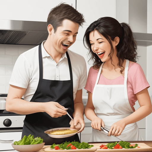 AI generated: Create a drawing of a couple cooking a meal together, sharing laughs and creating culinary magic in ...