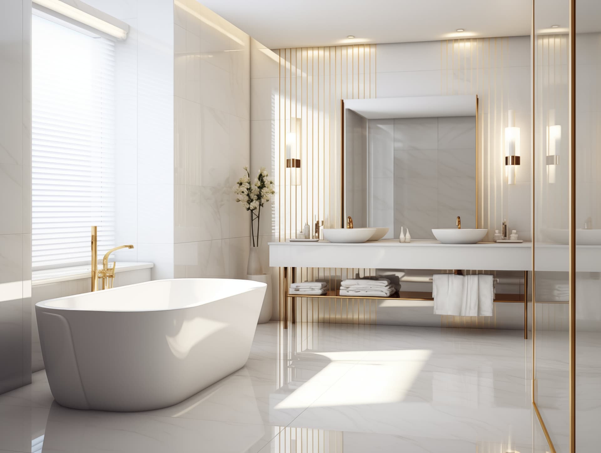 AI generated: white and gold theme interior, modern, minimalism, photo realism, 8k, --ar 4:3