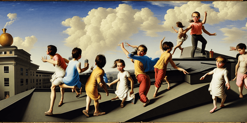 AI generated: children playing on rooftop, neo rauch