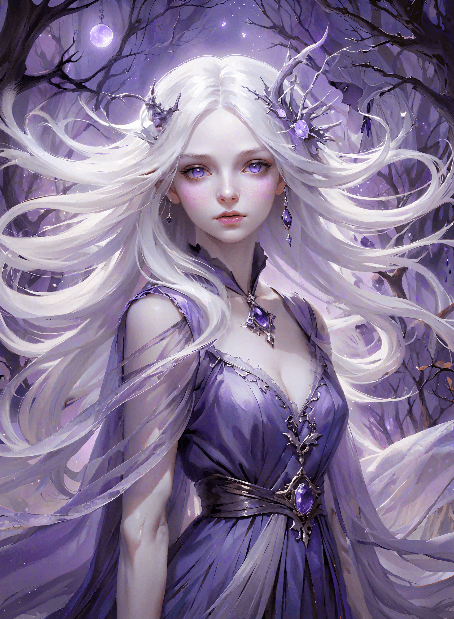 AI generated: Masterpiece, Stunning, Best quality, An ethereal fantasy portrait of a pale witch with flowing white...