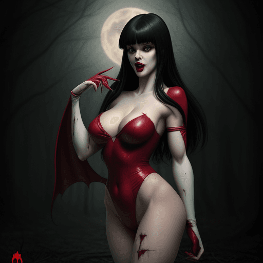 AI generated: 
Vampirella Ella Normandy from Warren Publishing, beautiful charismatic girl, athletic body, gorgeou...