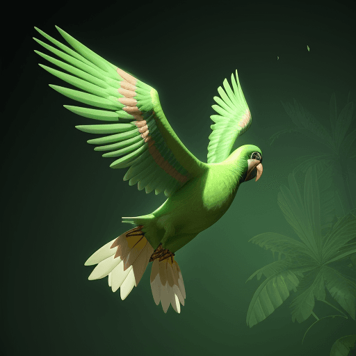 AI generated: abstract 3D shape flying parot, foliage and flowers incorporated, light emitting, green background