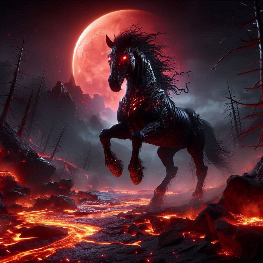 AI generated: A legendary Dreadsteed stands menacingly in a barren, otherworldly landscape under a blood-red moon....