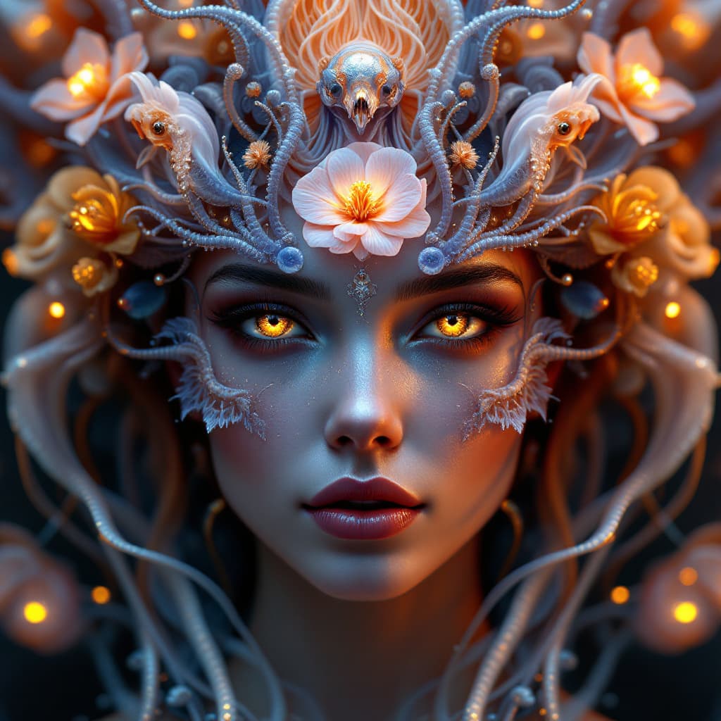 AI generated: Goddess close-up portrait ribcagel. jellyfish phoenix head, nautilus, orchid, skull, betta fish, bio...